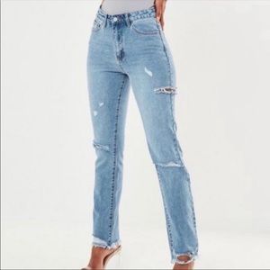 Missguided blue slim straight high waisted thigh slash jeans size US10 Long